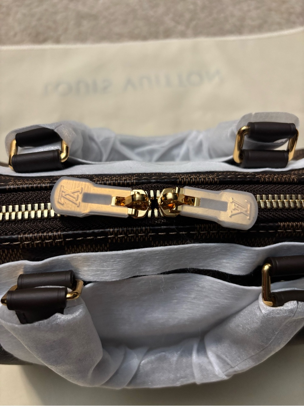 Brown Checkered Mini Top-Handle Bag with Gold Hardware - Picture 3 of 8